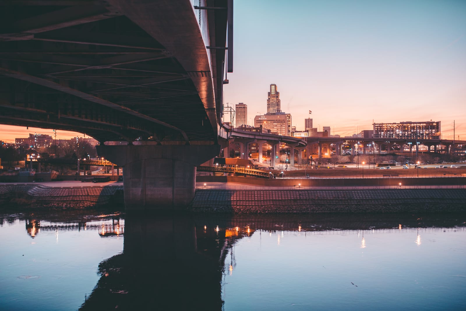 Downtown Omaha skyline at sunset from the Missouri River